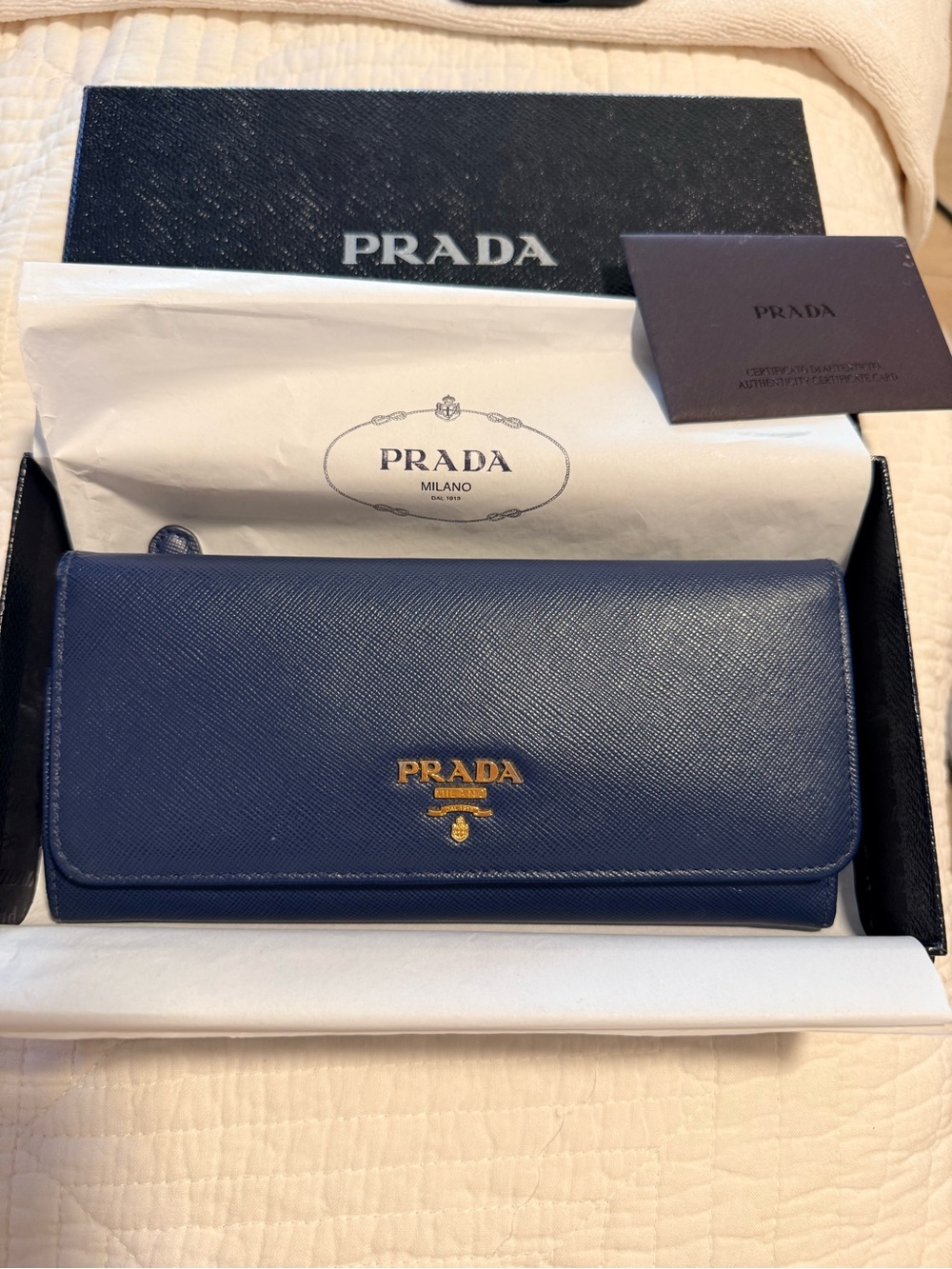 Prada Navy Saffiano Leather Continental Wallet with Gold Logo
